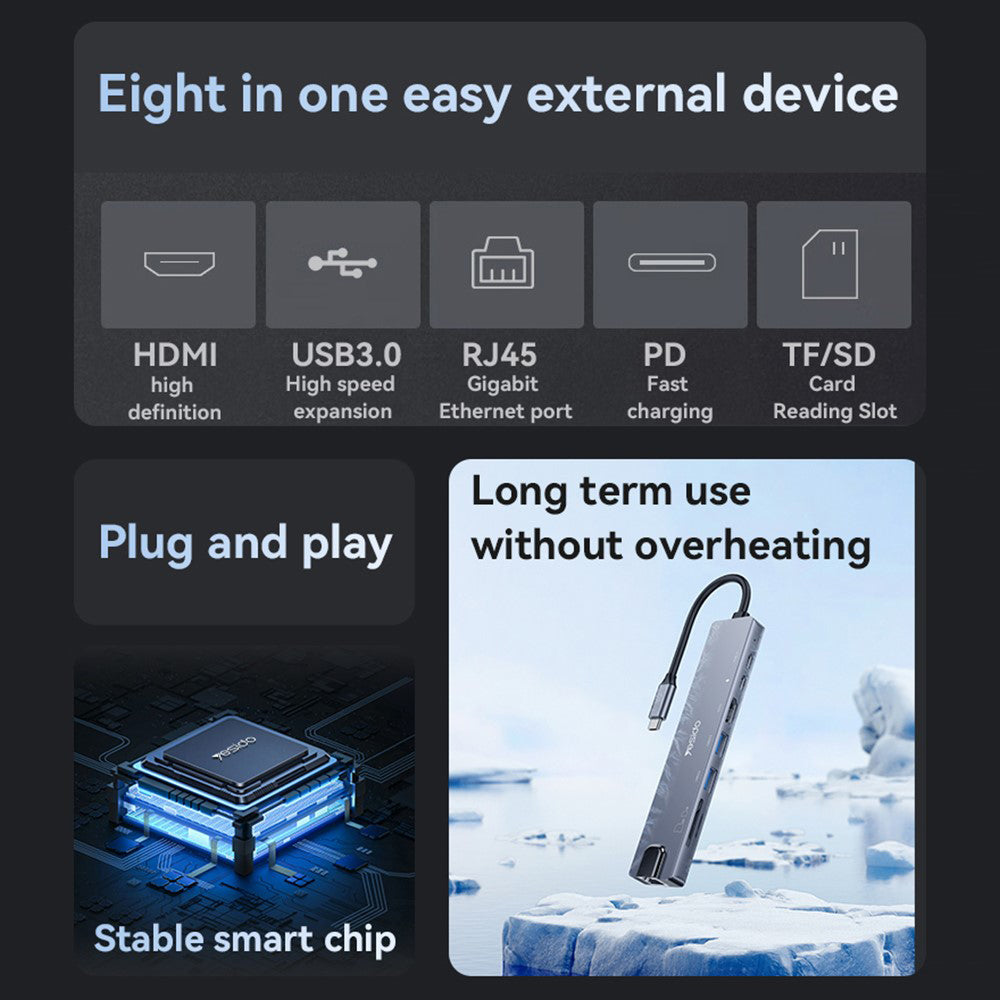 Hub USB-C Yesido HB27, 8 em 1, Cinzento