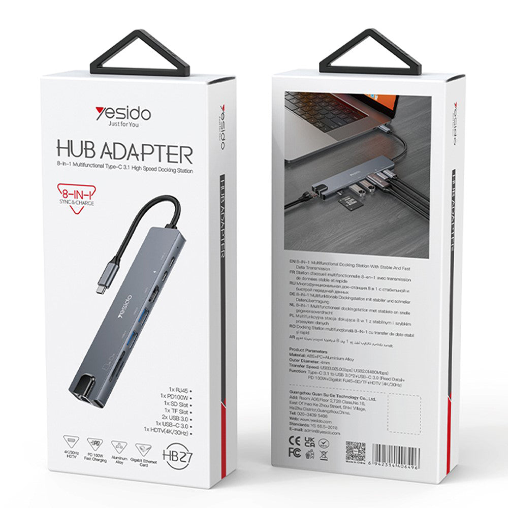 Hub USB-C Yesido HB27, 8 em 1, Cinzento