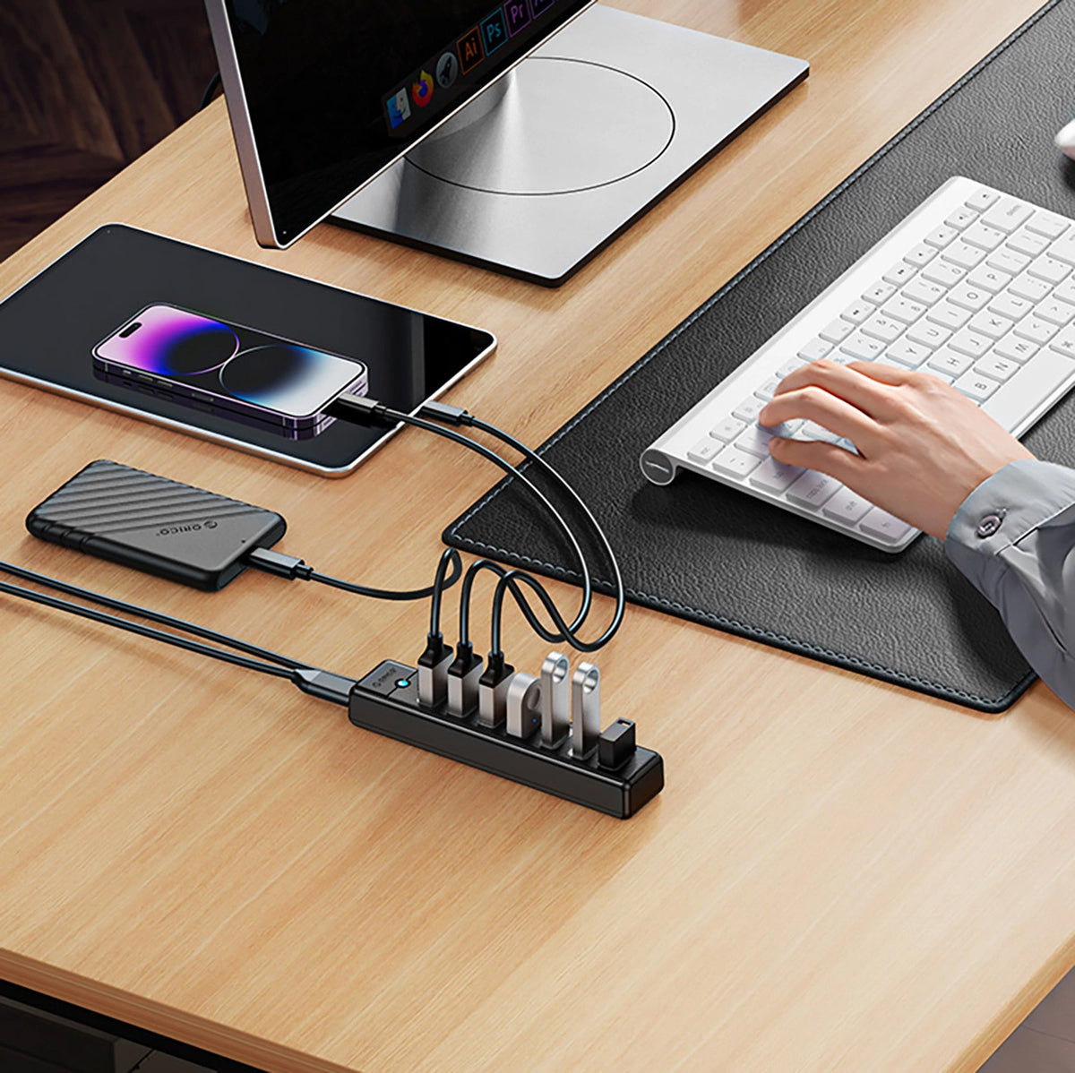 Hub USB Orico PW7U-U3, 7 x USB-A 3.0 - 1 x USB-C, Preto