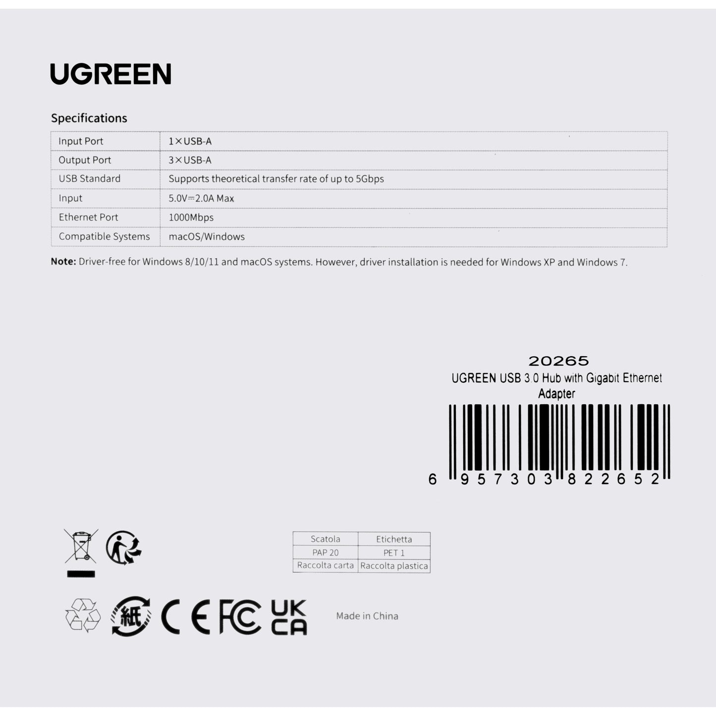 Hub USB UGREEN 20265, 3 x USB-A 3.0 - 1 x RJ45, Preto