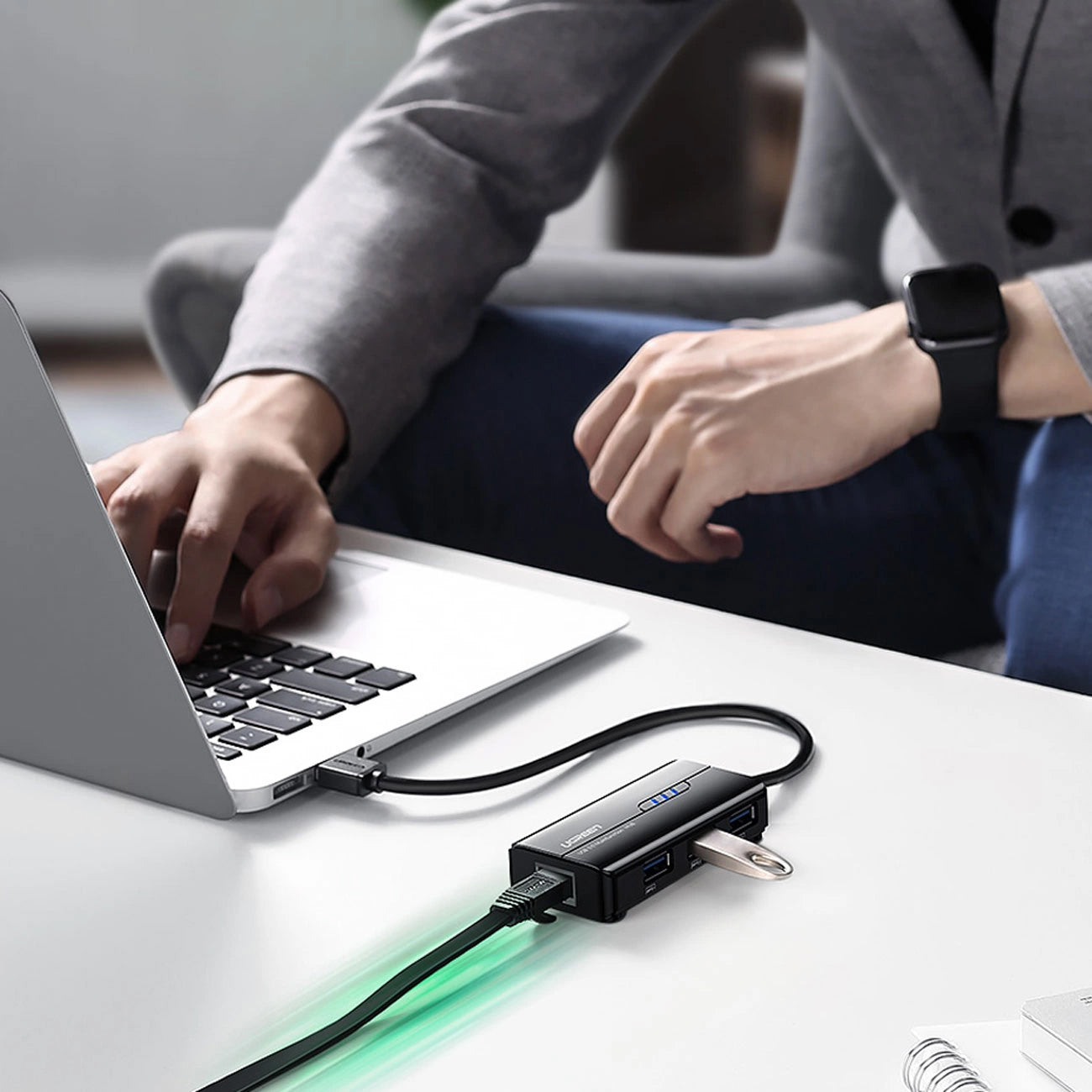 Hub USB UGREEN 20265, 3 x USB-A 3.0 - 1 x RJ45, Preto