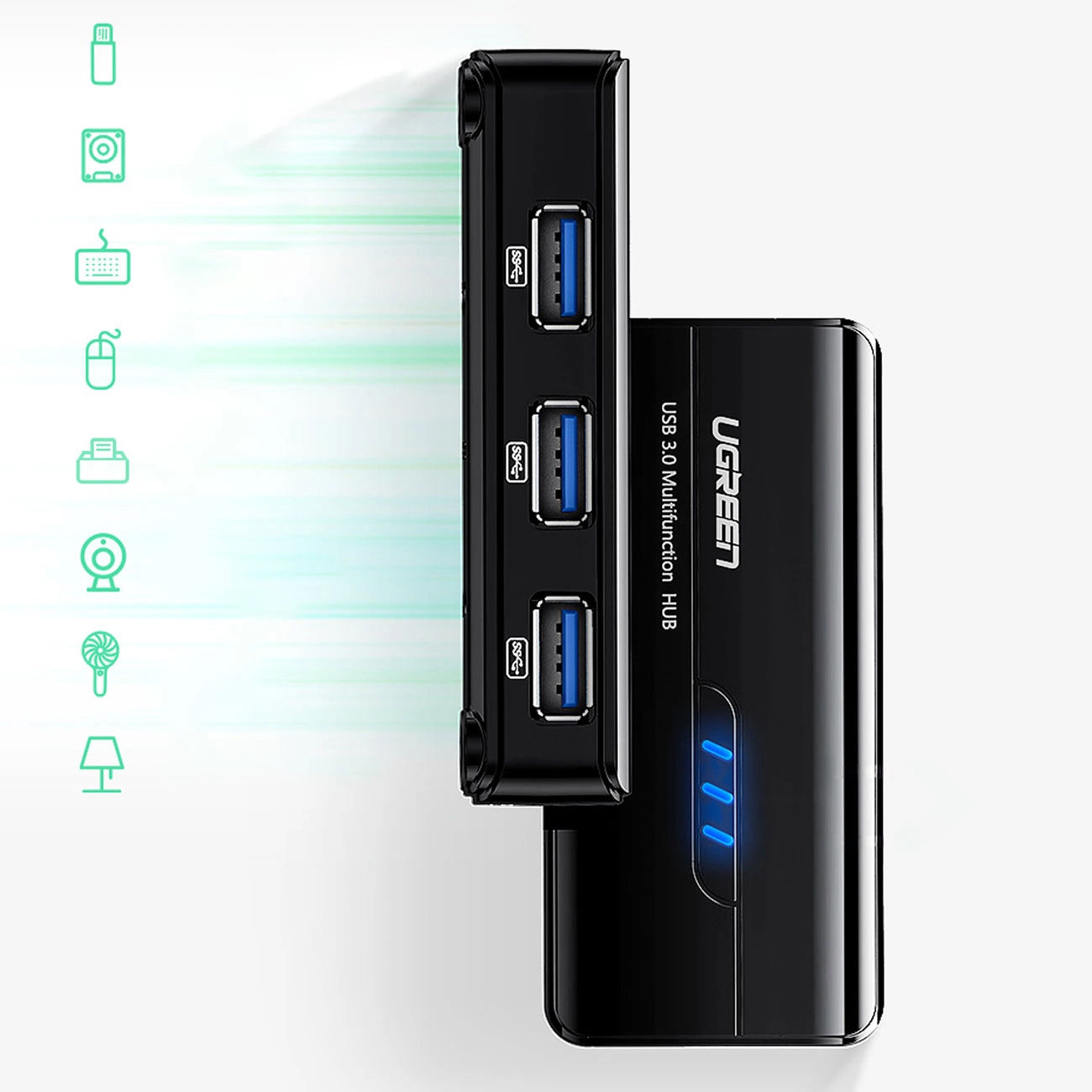 Hub USB UGREEN 20265, 3 x USB-A 3.0 - 1 x RJ45, Preto