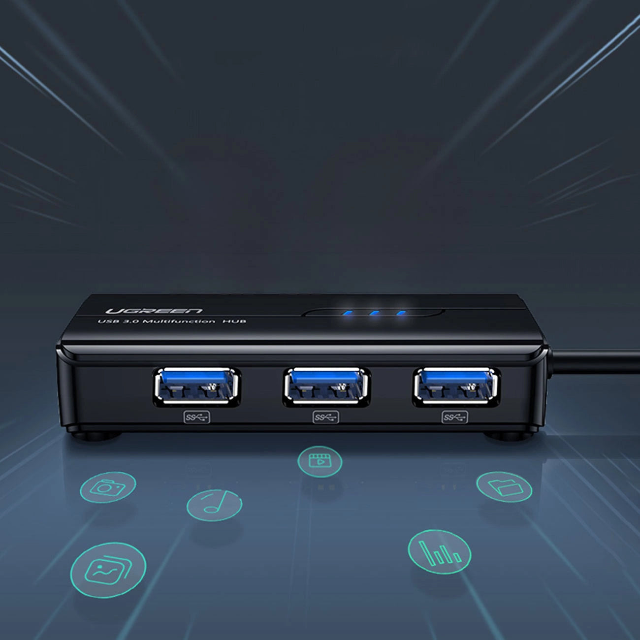 Hub USB UGREEN 20265, 3 x USB-A 3.0 - 1 x RJ45, Preto