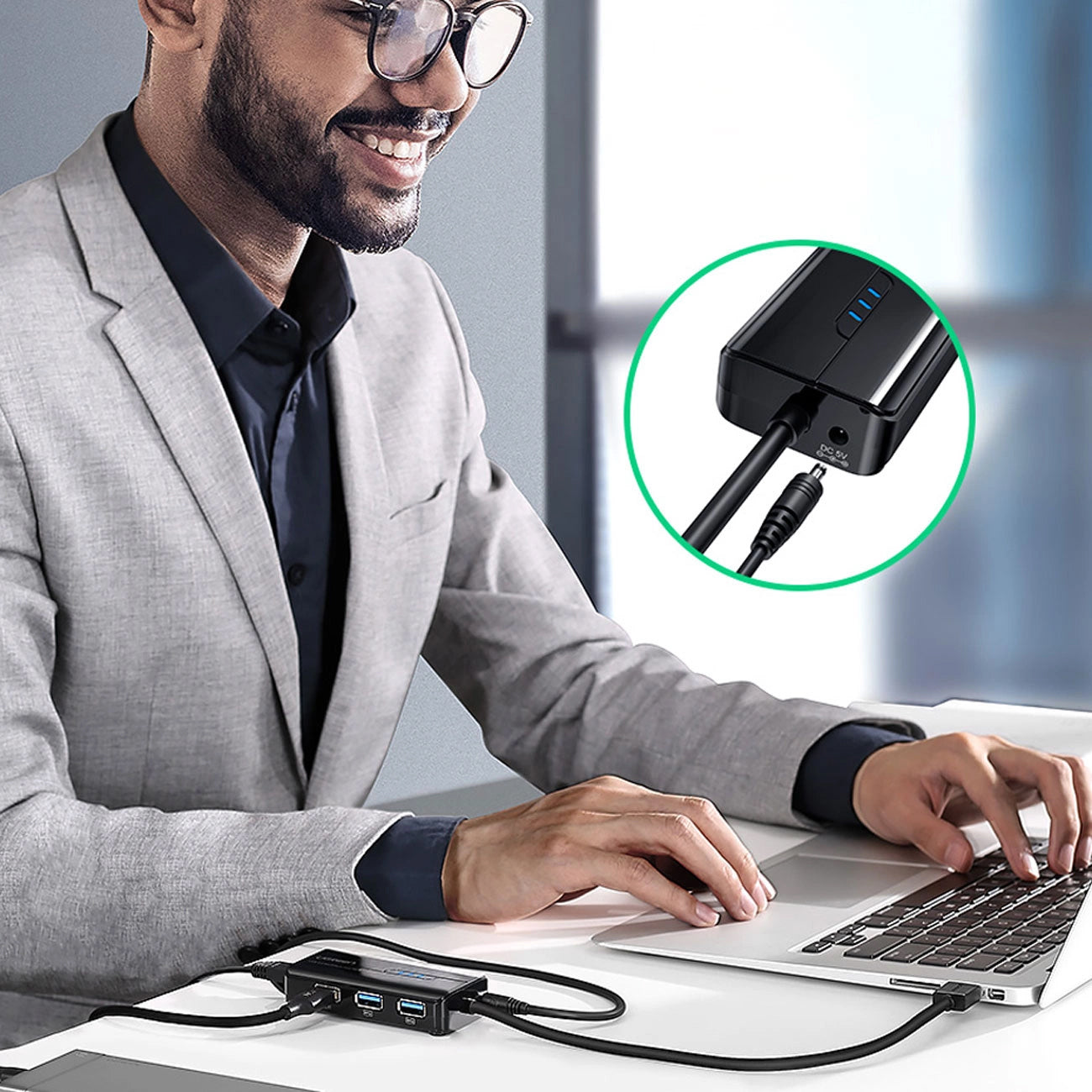 Hub USB UGREEN 20265, 3 x USB-A 3.0 - 1 x RJ45, Preto