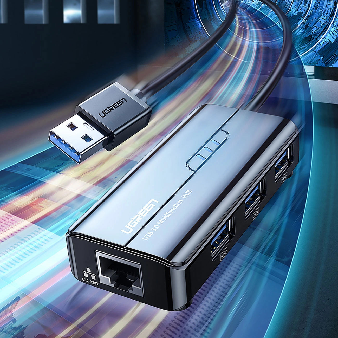 Hub USB UGREEN 20265, 3 x USB-A 3.0 - 1 x RJ45, Preto