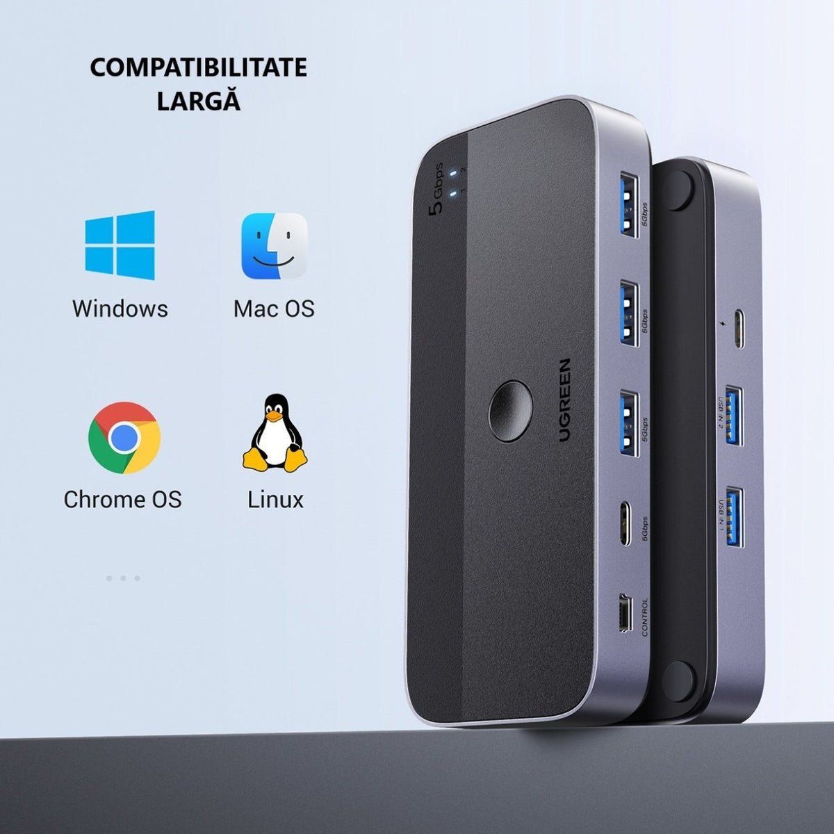 Switch USB UGREEN CM662, 3 x USB-A 3.0 - 1 x USB-C - 1 x miniUSB, Preto