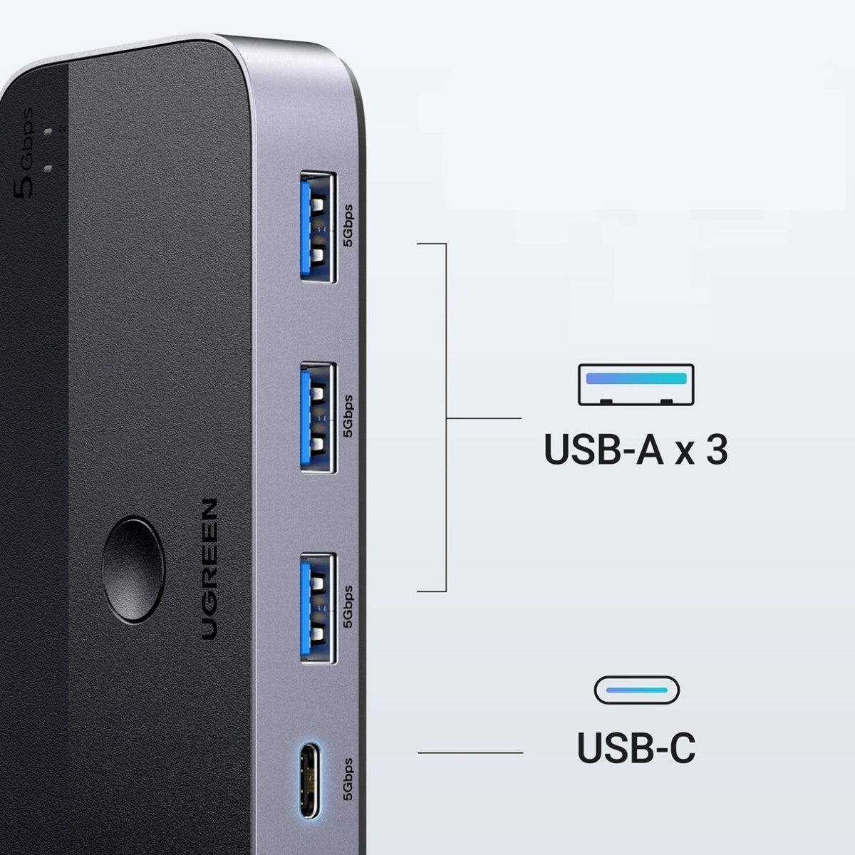 Switch USB UGREEN CM662, 3 x USB-A 3.0 - 1 x USB-C - 1 x miniUSB, Preto