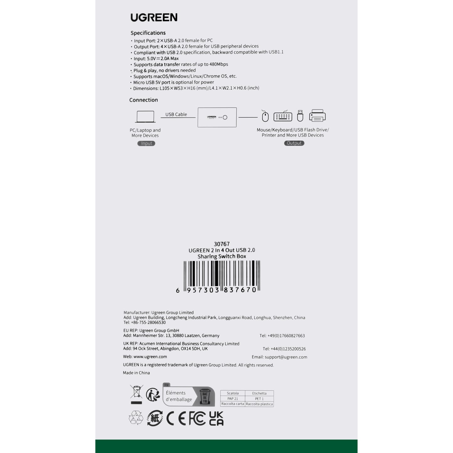 Switch USB UGREEN US216 (30767) Two Sharing Box, 4 x USB-A, Preto