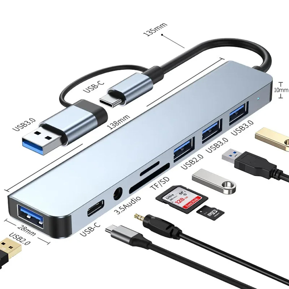 Hub USB / USB-C Techsuit H9 DataBridge, 8 em 1, Cinzento