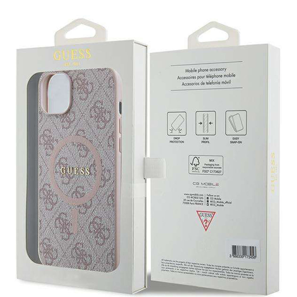 Capa MagSafe para Apple iPhone 14, Guess, 4G Ring Classic Logo, Rosa