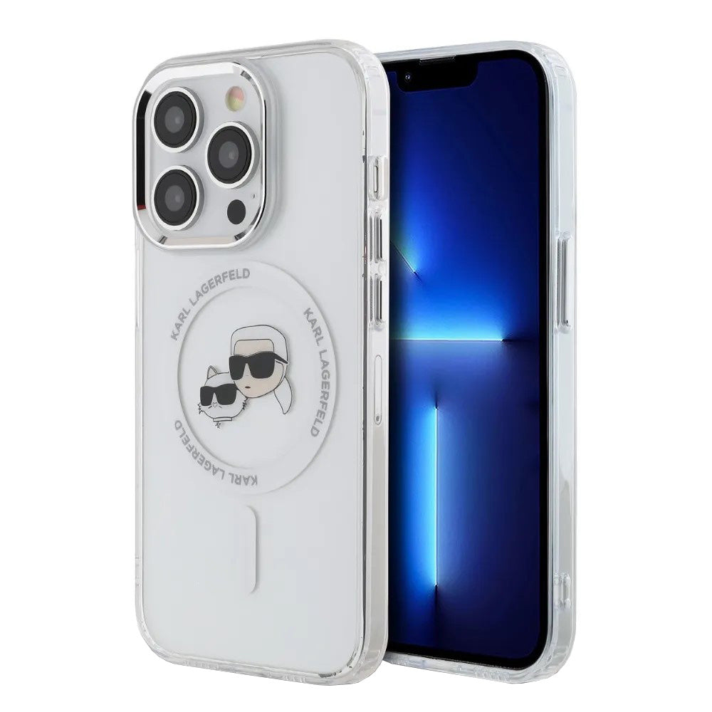 Capa MagSafe para Apple iPhone 14 Pro, Karl Lagerfeld, IML Metal Karl & Choupette's Heads, Branca
