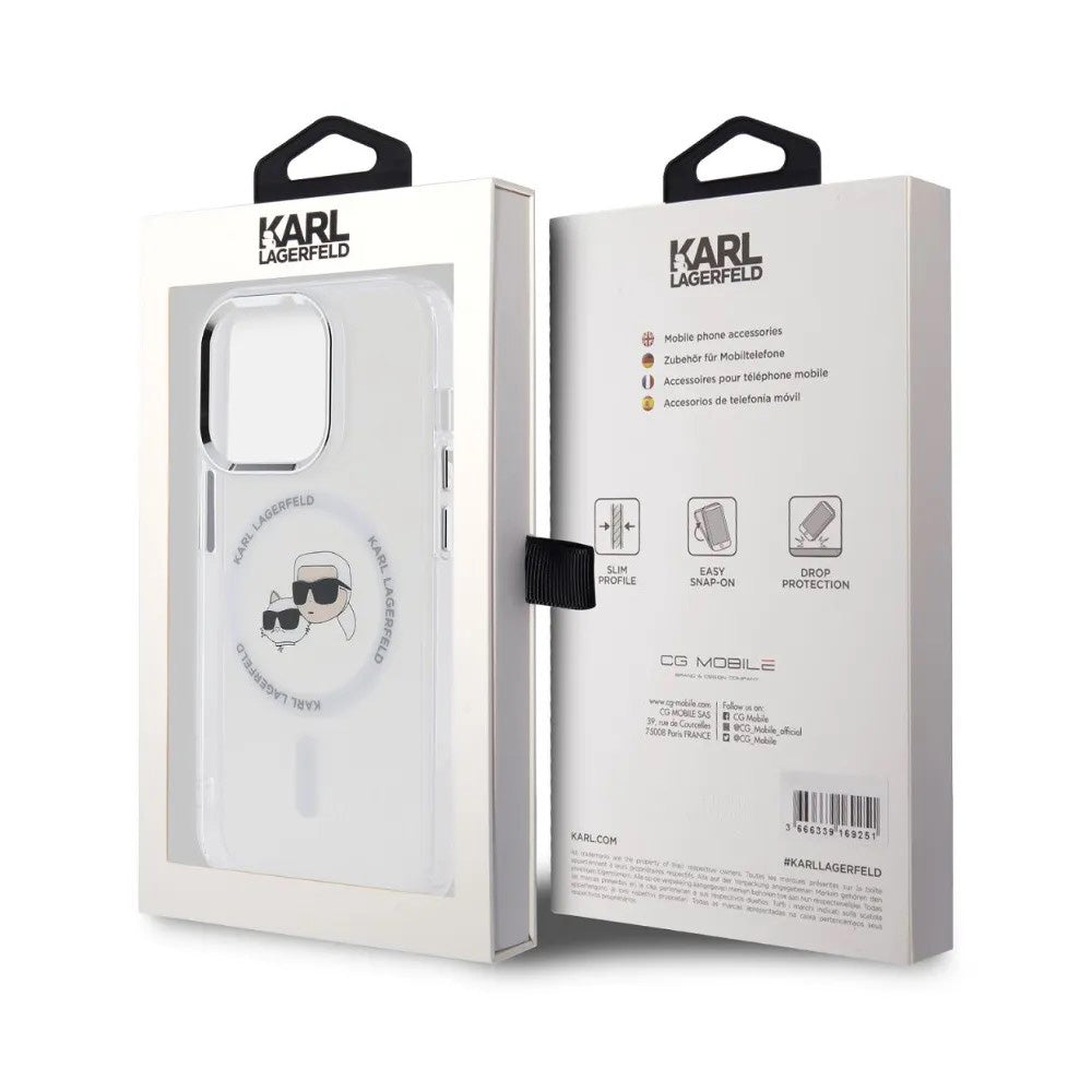 Capa MagSafe para Apple iPhone 14 Pro, Karl Lagerfeld, IML Metal Karl & Choupette's Heads, Branca
