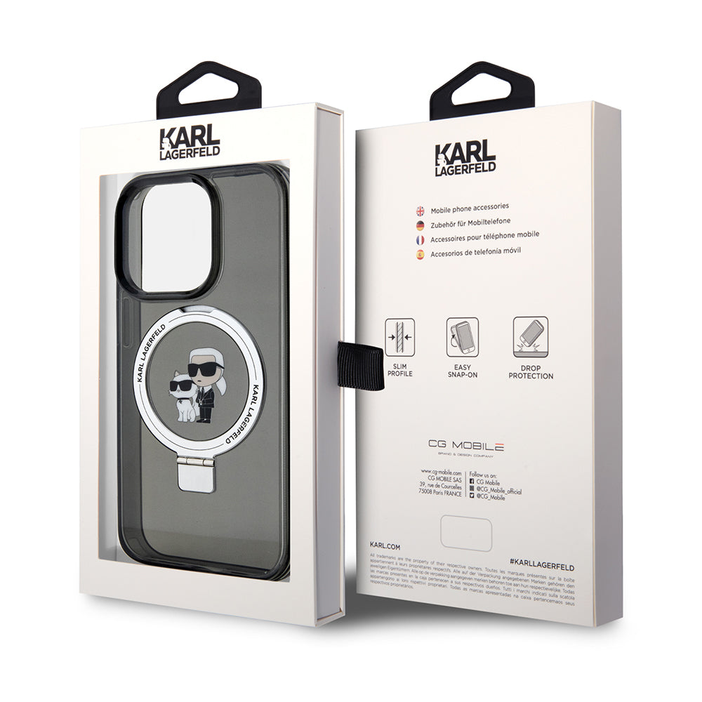 Capa MagSafe para Apple iPhone 14 Pro, Karl Lagerfeld, Ring Stand Karl & Choupette, Preta