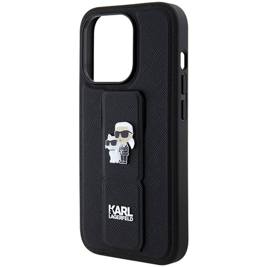 Capa MagSafe para Apple iPhone 14 Pro, Karl Lagerfeld, Saffiano Gripstand Karl & Choupette, Preta.