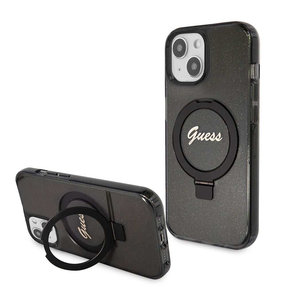 Capa MagSafe para Apple iPhone 15, Guess, Ring Stand Script Glitter, Preta