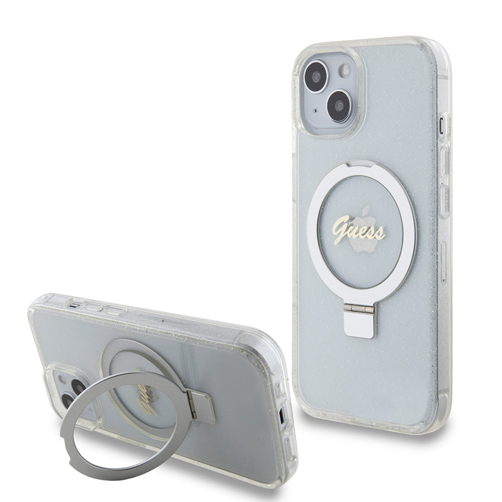 Capa MagSafe para Apple iPhone 15, Guess, Ring Stand Script Glitter, Transparente