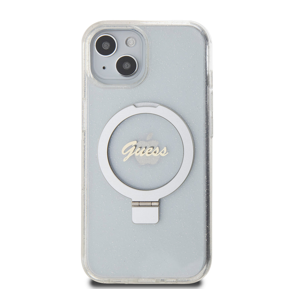 Capa MagSafe para Apple iPhone 15, Guess, Ring Stand Script Glitter, Transparente