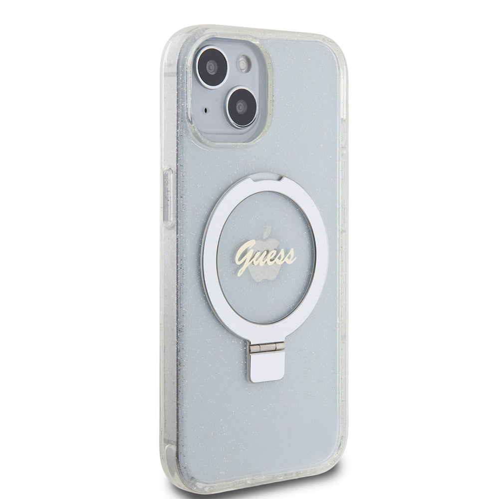 Capa MagSafe para Apple iPhone 15, Guess, Ring Stand Script Glitter, Transparente