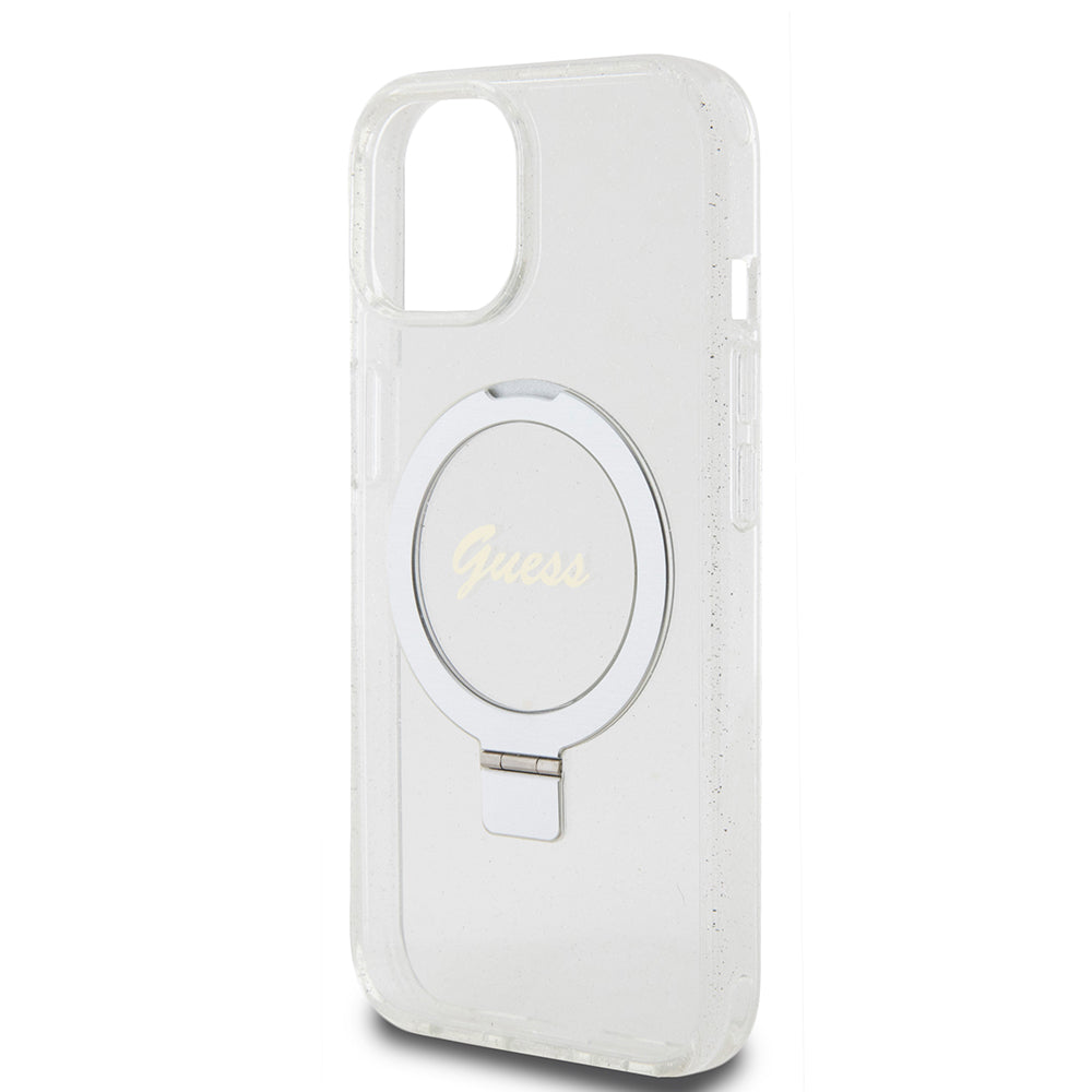 Capa MagSafe para Apple iPhone 15, Guess, Ring Stand Script Glitter, Transparente