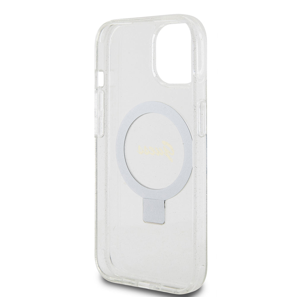 Capa MagSafe para Apple iPhone 15, Guess, Ring Stand Script Glitter, Transparente
