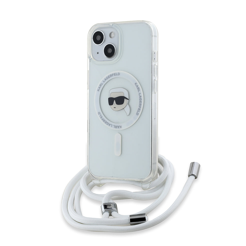 Capa MagSafe para Apple iPhone 15, Karl Lagerfeld, IML Crossbody Karl's Head, Transparente