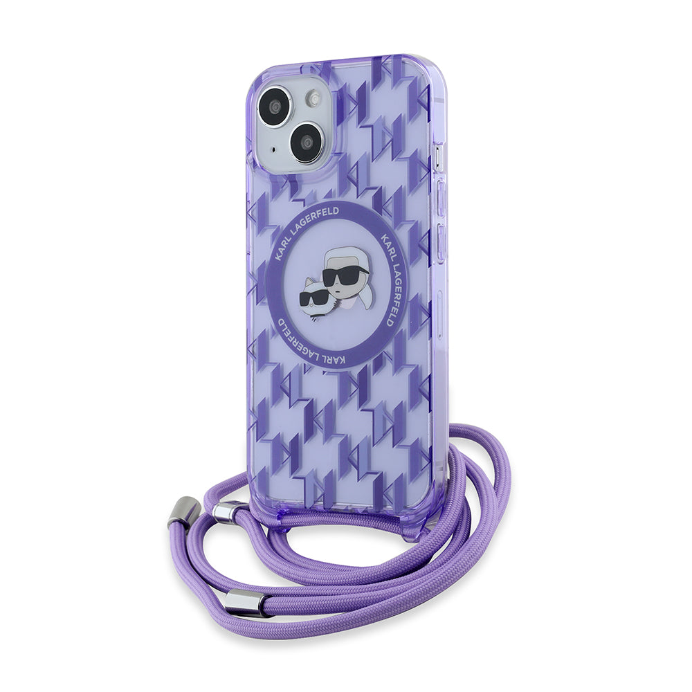 Capa MagSafe para Apple iPhone 15, Karl Lagerfeld, IML Crossbody Monograma Karl & Choupette's Heads, Roxo