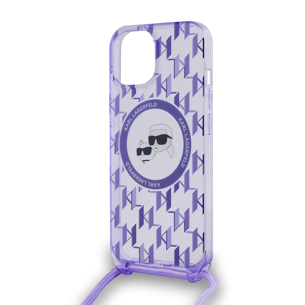 Capa MagSafe para Apple iPhone 15, Karl Lagerfeld, IML Crossbody Monograma Karl & Choupette's Heads, Roxo