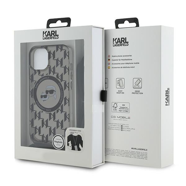 Capa MagSafe para Apple iPhone 15, Karl Lagerfeld, IML Crossbody Monogram Karl & Choupette's Heads, Preta