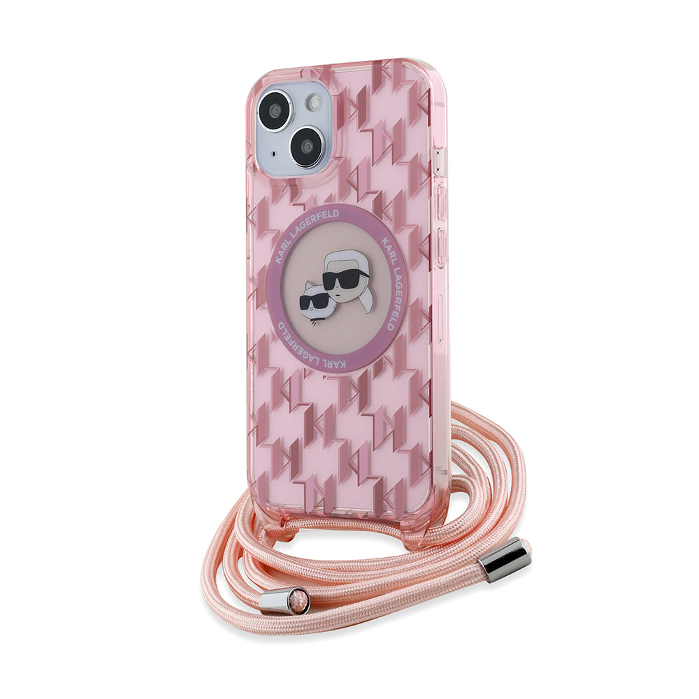 Capa MagSafe para Apple iPhone 15, Karl Lagerfeld, IML Crossbody Monogram Karl & Choupette's Heads, Rosa