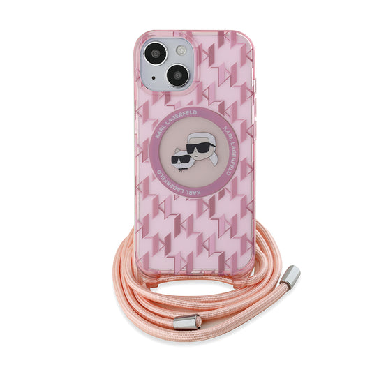 Capa MagSafe para Apple iPhone 15, Karl Lagerfeld, IML Crossbody Monogram Karl & Choupette's Heads, Rosa