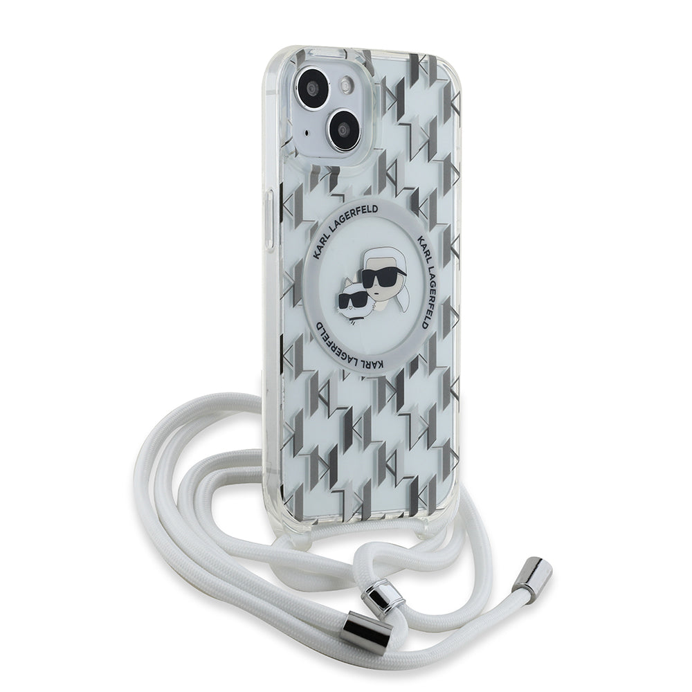 Capa MagSafe para Apple iPhone 15, Karl Lagerfeld, IML Crossbody Monogram Karl & Choupette's Heads, Transparente