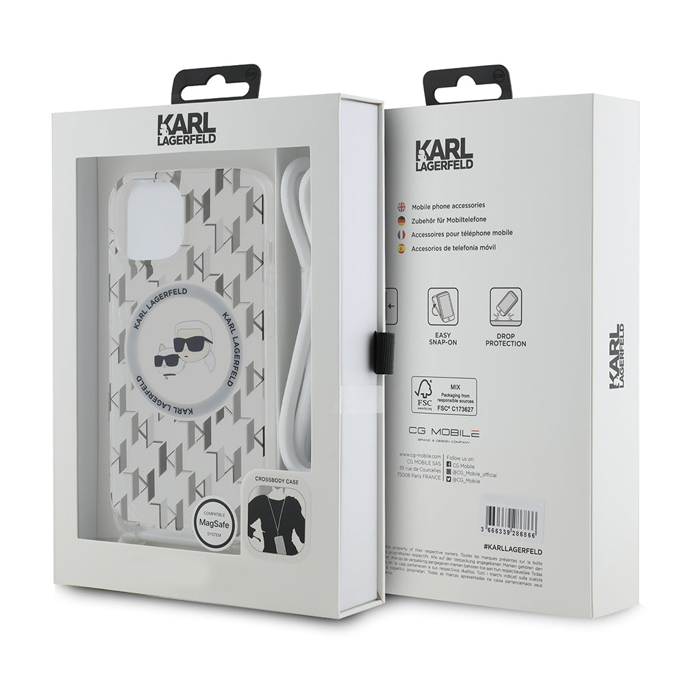 Capa MagSafe para Apple iPhone 15, Karl Lagerfeld, IML Crossbody Monogram Karl & Choupette's Heads, Transparente
