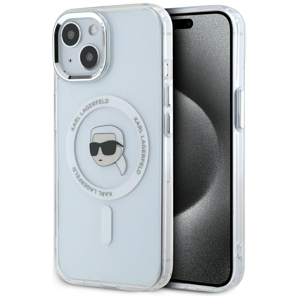 Capa MagSafe para Apple iPhone 15, Karl Lagerfeld, IML Metal Karl's Head, Branca