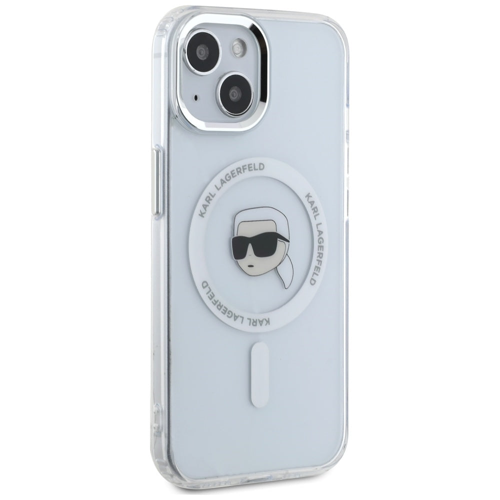 Capa MagSafe para Apple iPhone 15, Karl Lagerfeld, IML Metal Karl's Head, Branca