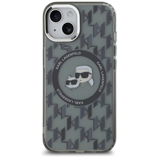 Capa MagSafe para Apple iPhone 15, Karl Lagerfeld, IML Monograma Karl & Cabeças de Choupette, Preta.