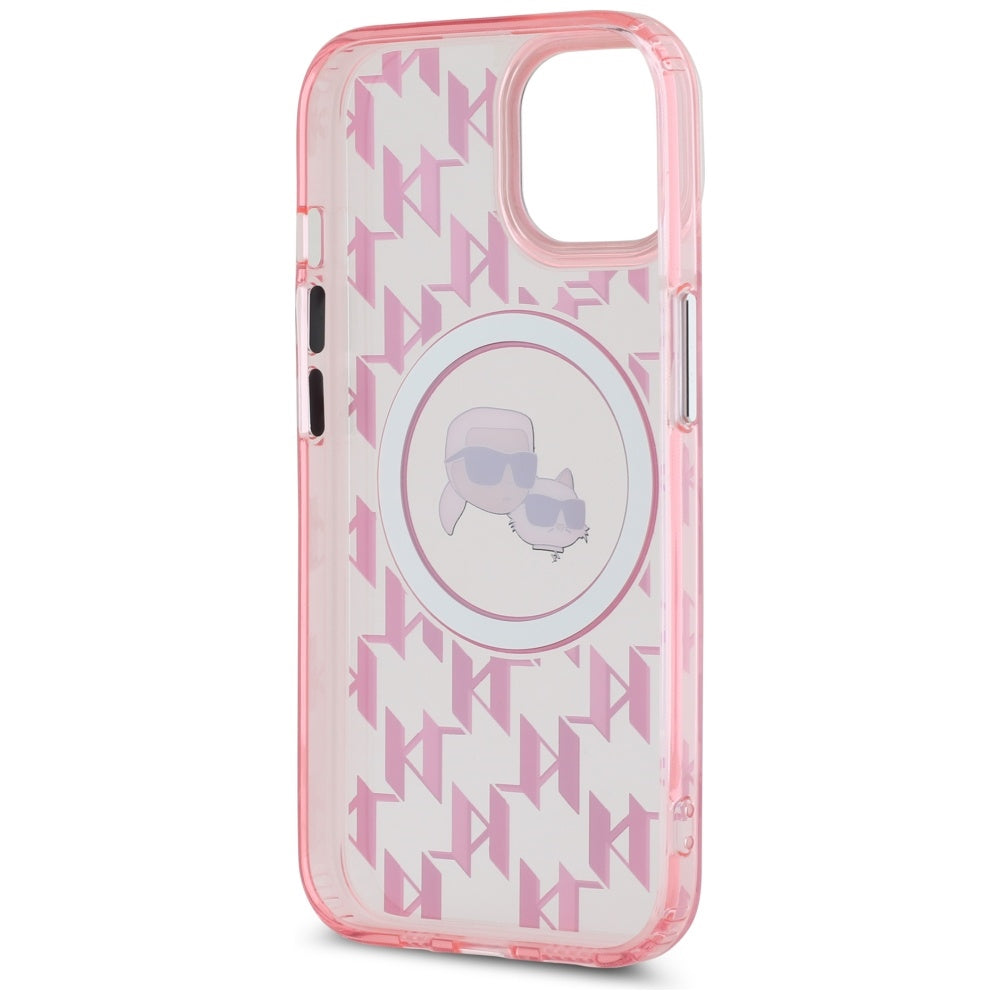 Capa MagSafe para Apple iPhone 15, Karl Lagerfeld, IML Monograma Karl & Cabeças de Choupette, Rosa