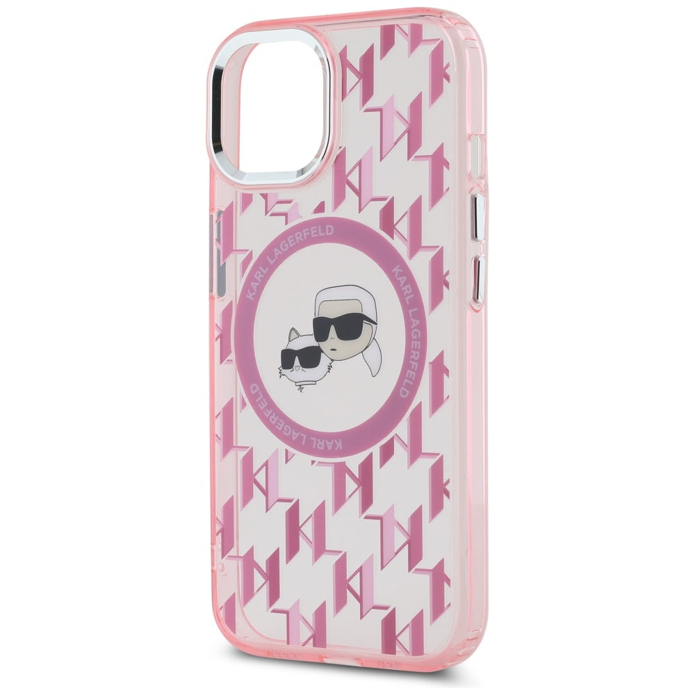 Capa MagSafe para Apple iPhone 15, Karl Lagerfeld, IML Monograma Karl & Cabeças de Choupette, Rosa