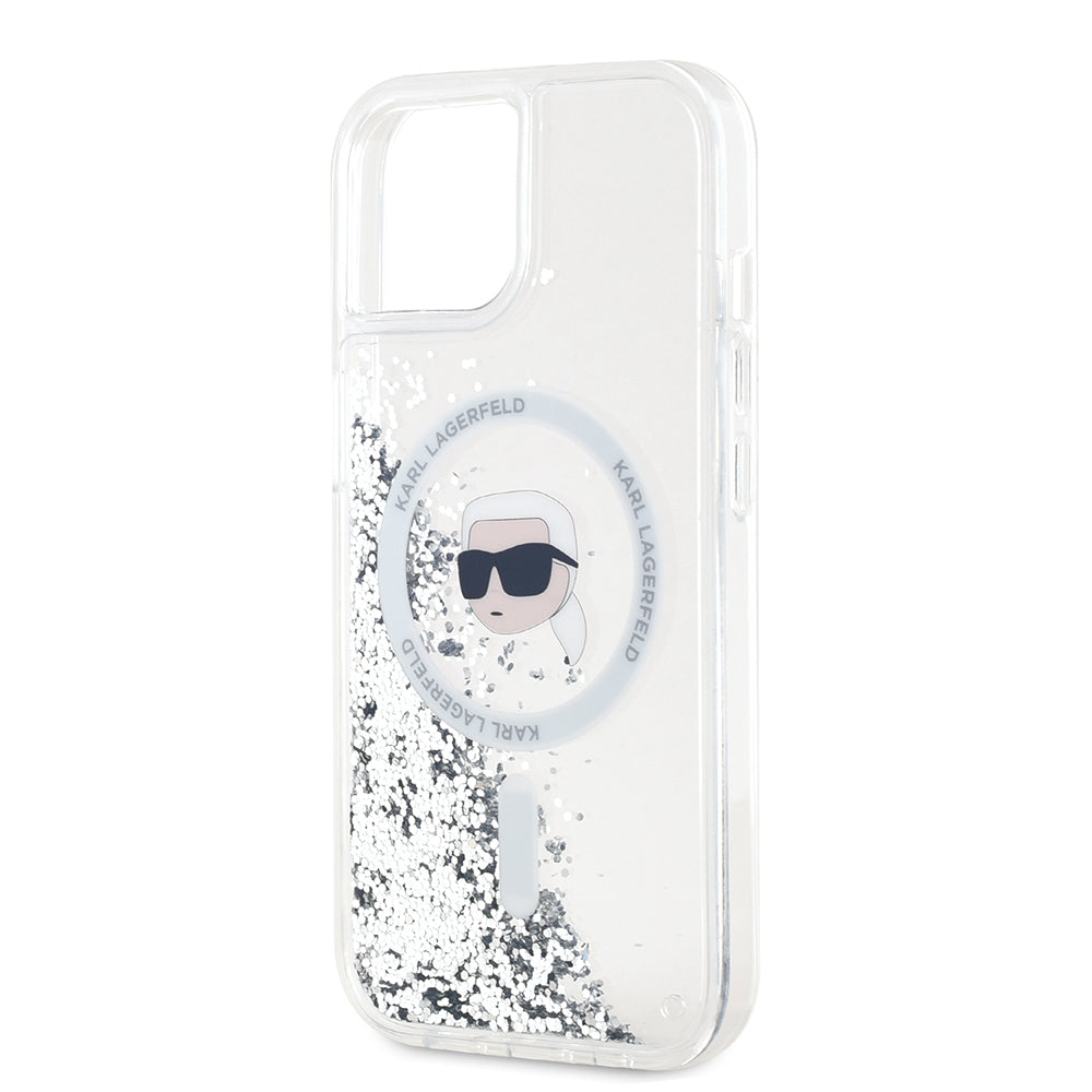 Capa MagSafe para Apple iPhone 15, Karl Lagerfeld, Liquid Glitter Karl's Head, Transparente