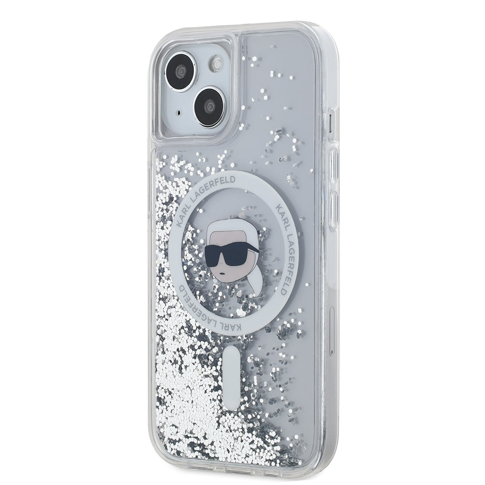 Capa MagSafe para Apple iPhone 15, Karl Lagerfeld, Liquid Glitter Karl's Head, Transparente