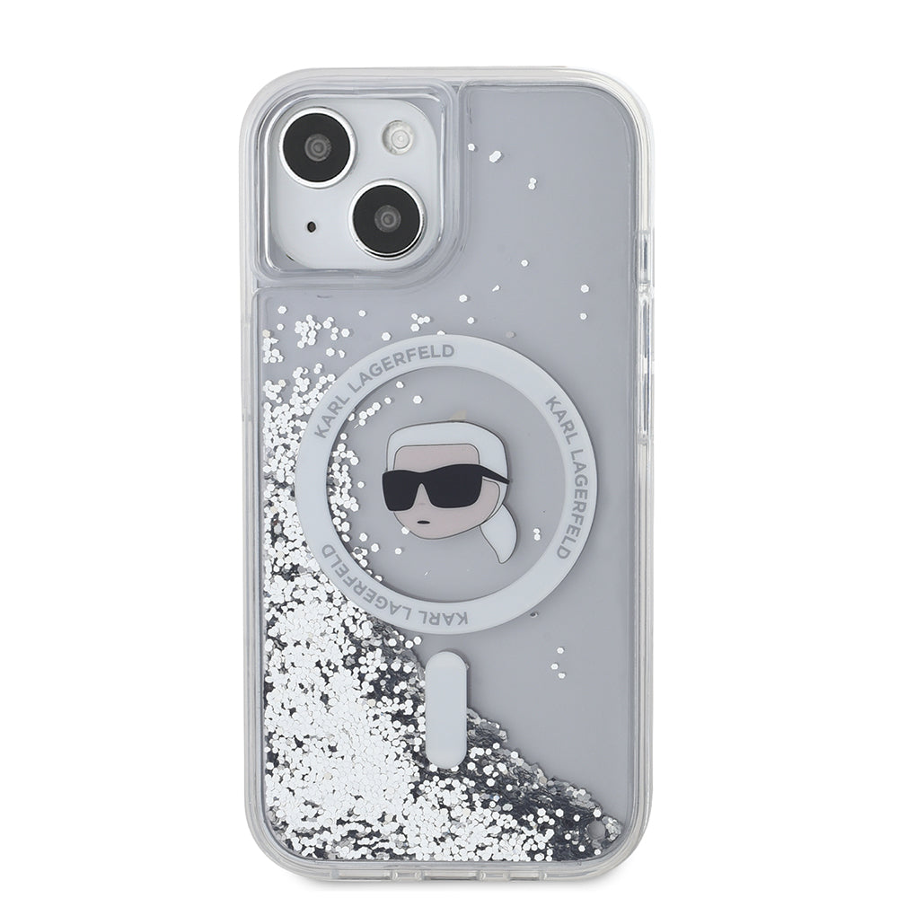 Capa MagSafe para Apple iPhone 15, Karl Lagerfeld, Liquid Glitter Karl's Head, Transparente