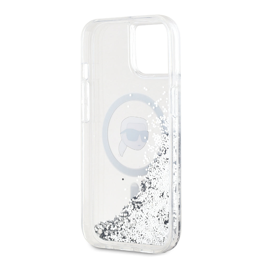 Capa MagSafe para Apple iPhone 15, Karl Lagerfeld, Liquid Glitter Karl's Head, Transparente