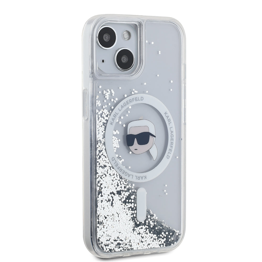 Capa MagSafe para Apple iPhone 15, Karl Lagerfeld, Liquid Glitter Karl's Head, Transparente