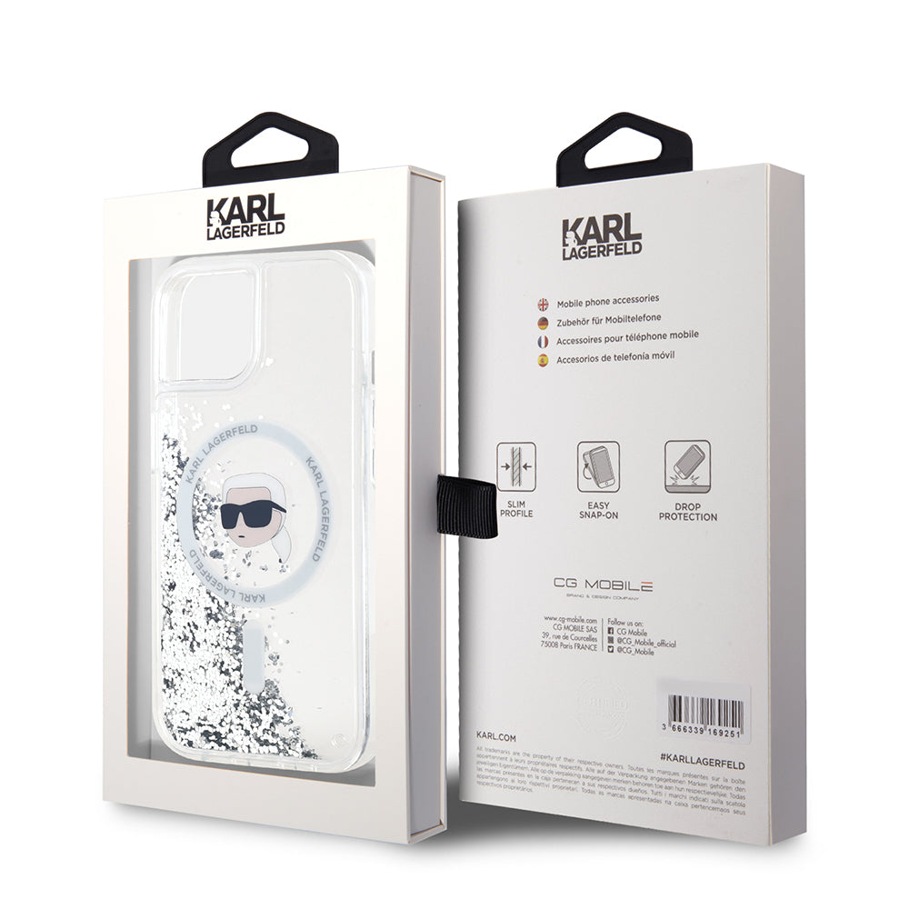 Capa MagSafe para Apple iPhone 15, Karl Lagerfeld, Liquid Glitter Karl's Head, Transparente