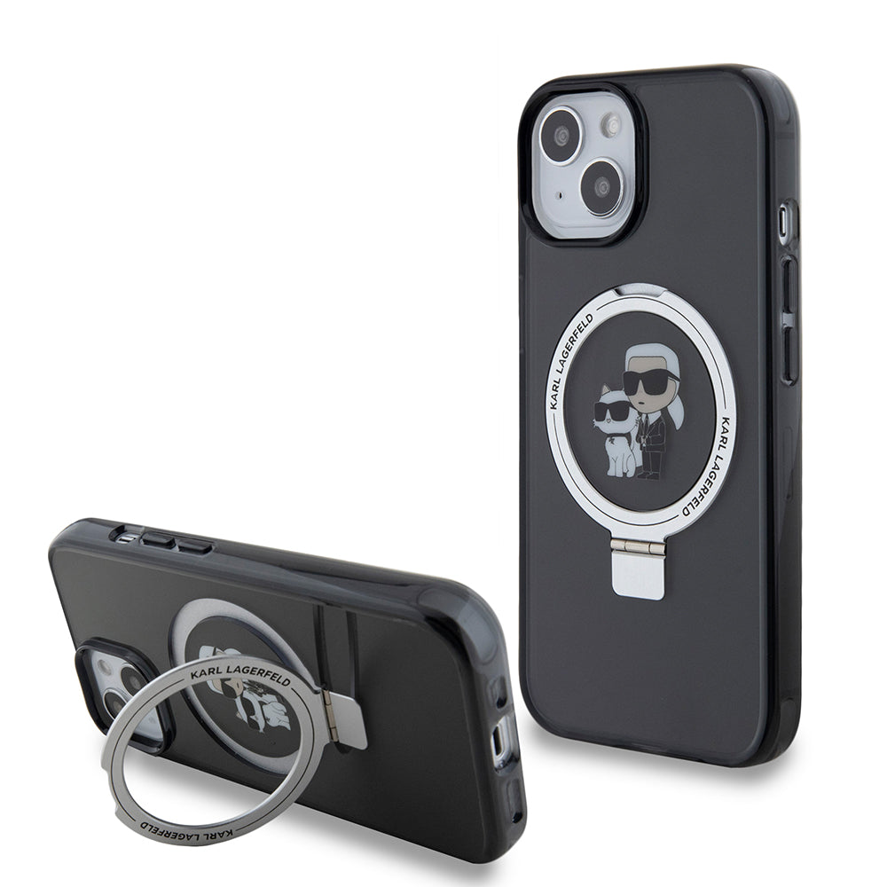 Capa MagSafe para Apple iPhone 15, Karl Lagerfeld, Ring Stand Karl & Choupette, Preta