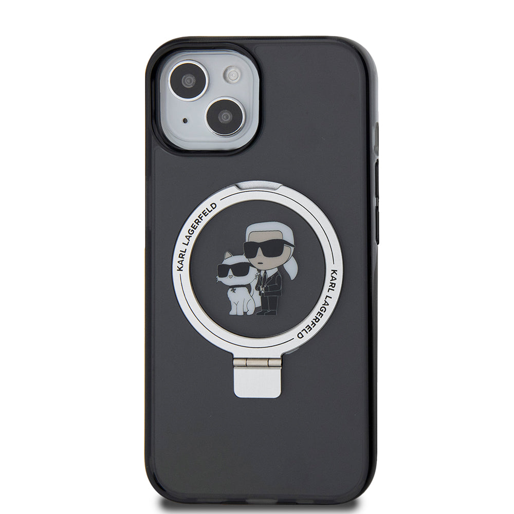 Capa MagSafe para Apple iPhone 15, Karl Lagerfeld, Ring Stand Karl & Choupette, Preta