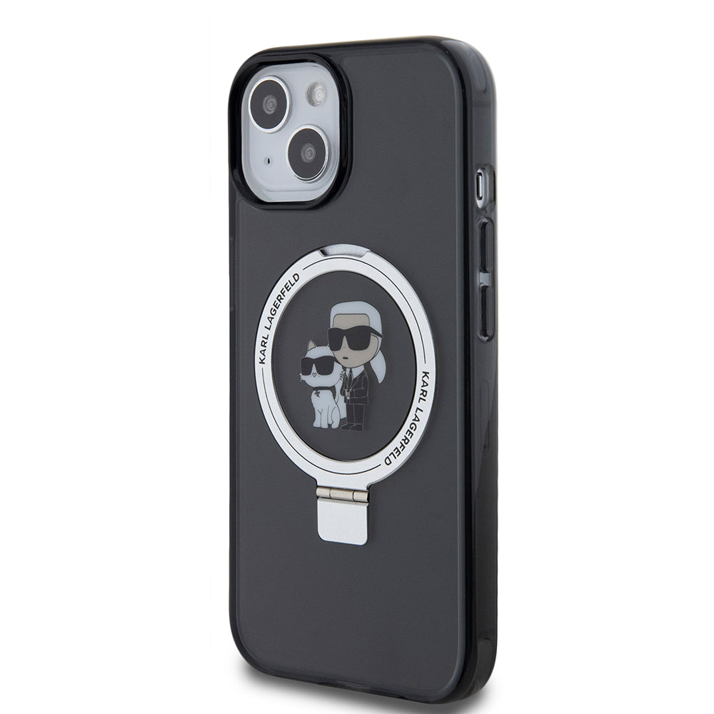 Capa MagSafe para Apple iPhone 15, Karl Lagerfeld, Ring Stand Karl & Choupette, Preta