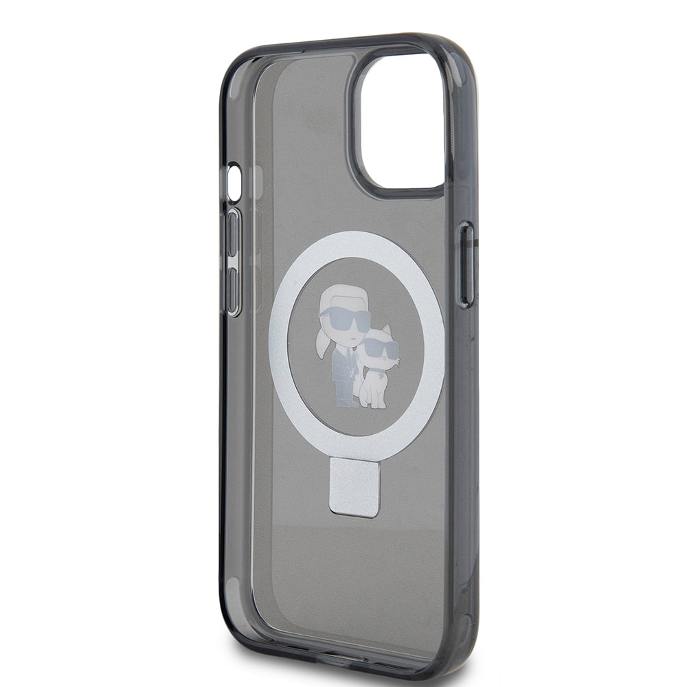 Capa MagSafe para Apple iPhone 15, Karl Lagerfeld, Ring Stand Karl & Choupette, Preta