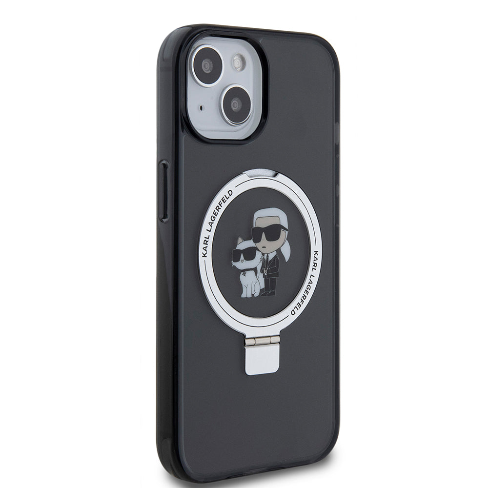 Capa MagSafe para Apple iPhone 15, Karl Lagerfeld, Ring Stand Karl & Choupette, Preta