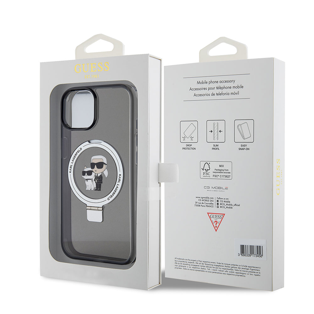 Capa MagSafe para Apple iPhone 15, Karl Lagerfeld, Ring Stand Karl & Choupette, Preta