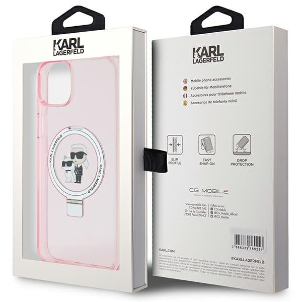 Capa MagSafe para Apple iPhone 15, Karl Lagerfeld, Ring Stand Karl & Choupette, Rosa